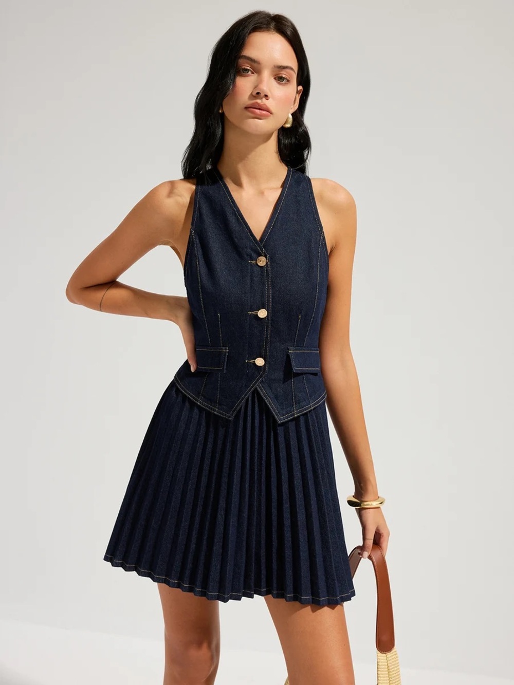 Commense Denim Sleeveless Pleated Mini Dress - Picture 5 of 16